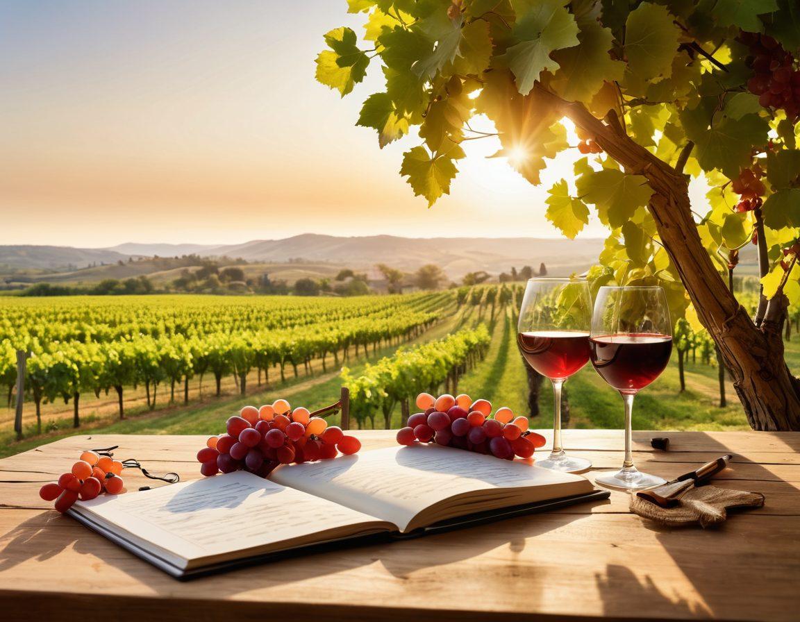 A picturesque vineyard landscape during golden hour, showcasing rows of grapevines laden with ripe grapes. In the foreground, a wooden table adorned with wine glasses filled with shimmering red and white wine, alongside a small notebook with investment notes and a pen. Soft sunlight casts warm hues, creating an inviting atmosphere for leisurely sipping and reflecting on financial growth. A distant horizon features rolling hills and a serene sky. super-realistic. vibrant colors. white background.