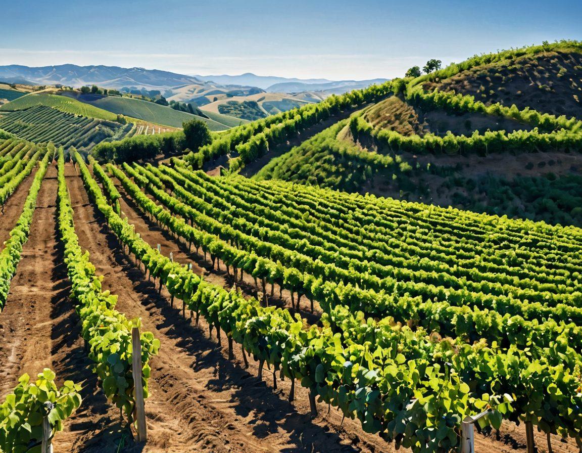 A sunlit vineyard landscape showcasing rows of lush grapevines, with cheerful investors holding glasses of wine celebrating their financial gains. In the background, a gentle rolling hill under a clear blue sky, symbolizing a bright future. Add elements like dollar signs subtly integrated into the foliage, and vibrant colors to evoke a sense of joy and prosperity. super-realistic. vibrant colors. clear blue sky.
