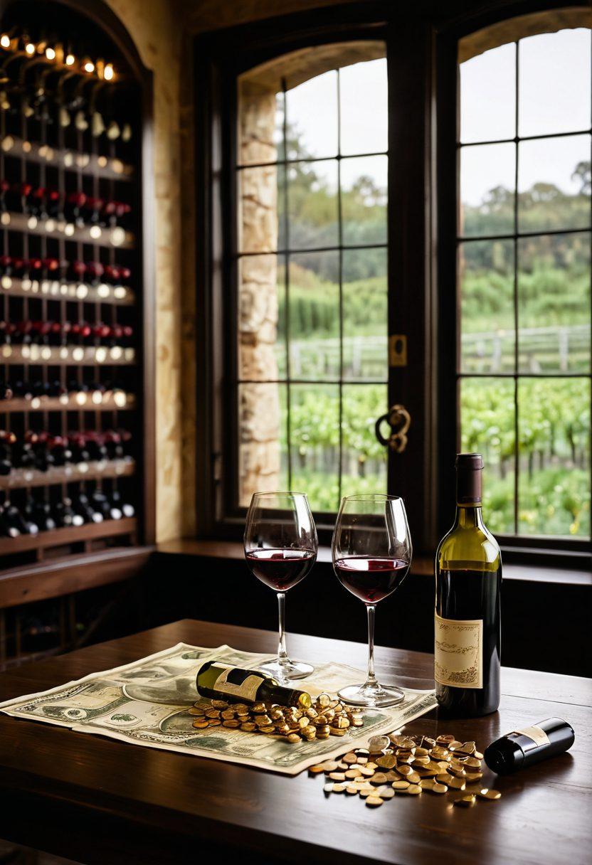 A luxurious wine cellar filled with an assortment of exquisite wine bottles, with a sommelier tasting wine while examining a lush vineyard through a large window. Soft, warm lighting creates an inviting atmosphere, with scattered gold coins and dollar bills subtly integrated into the scene, symbolizing wealth. Elegant wine glasses and tasting notes are present on a stylish wooden table. super-realistic. warm tones. inviting ambience.